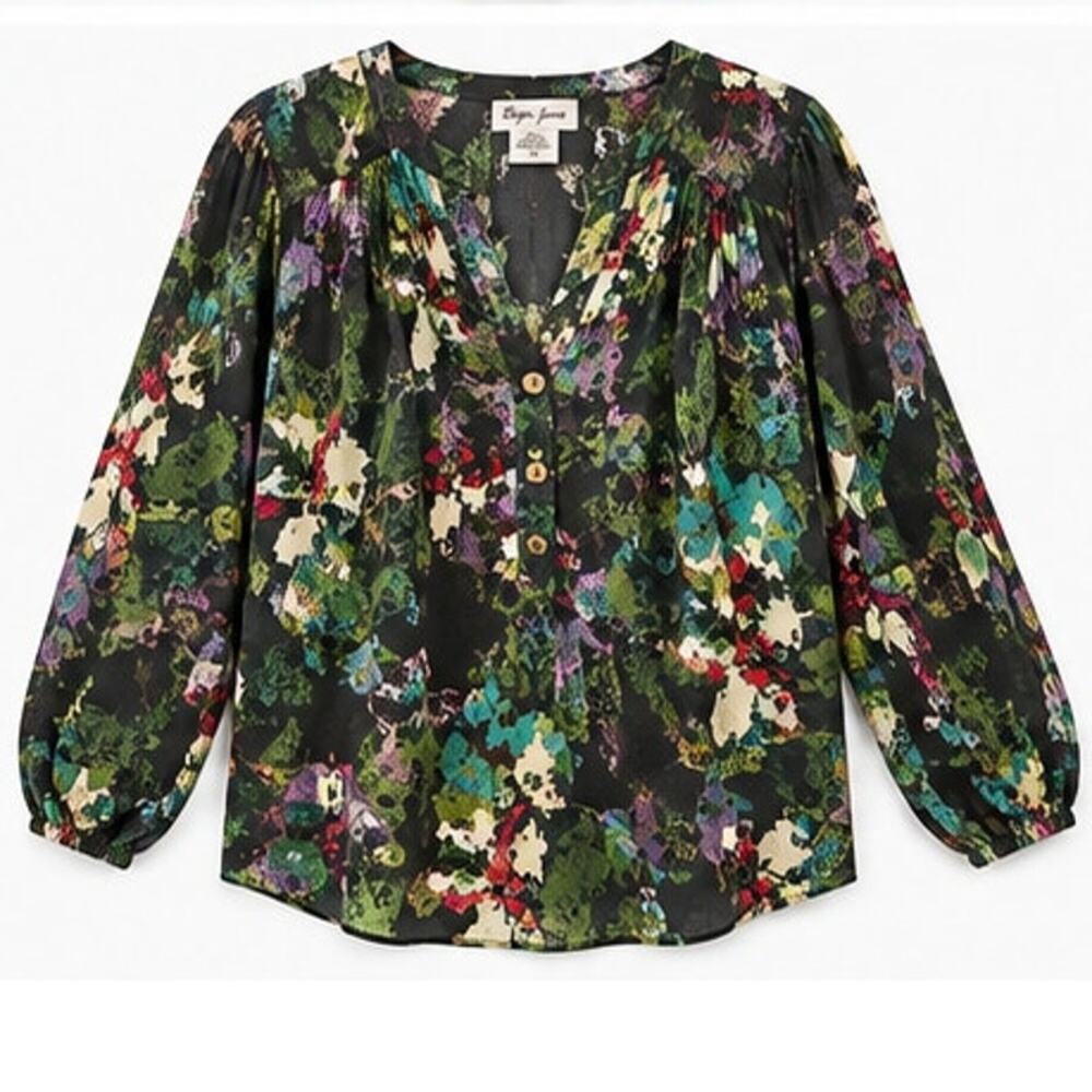 Bayla Jane 100% Silk Abstract Floral Long Sleeve Blouse Black Green Medium